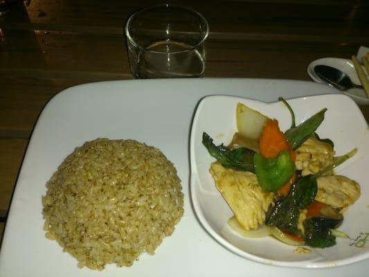 Mango Chicken, Thai Basil, veggies,  Lemon grass brown rice paired w/ Tempuichi Sake (sah keh) for Club Culinaire 2013-10-14