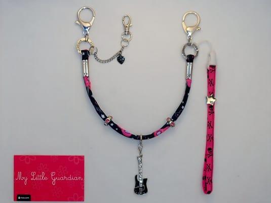 The ROCKSTAR, Rhinestone Guitar charm, pink rhinestone beads, skull & bones bracelet, with silky guitars & stars fabric