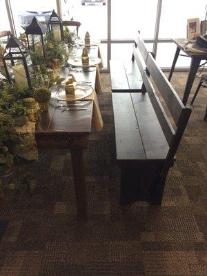 Wood Farm Table with Walnut Wood Benches