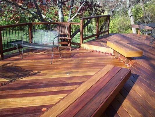 Archadeck Cumaru tropical harwood deck with benches and Deckorator Picket rail in Centerville Ohio 45459