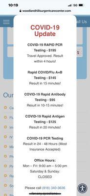 Covid testing price list