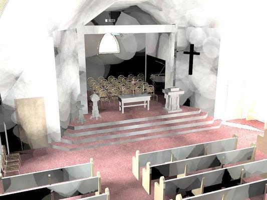 Computer model of possible improvements to church chancel area that keeps the historic qualities of the sanctuary space