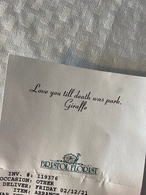 And the card was supposed to say love you till death do us part!