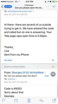 Email exchange with Georges on day of when I was trying to get in. Notice the time stamps.