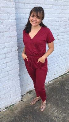 Burgundy V Neck Jumpsuit