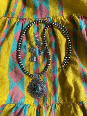 My beautiful Navajo pearls, dress and earrings, all from Jewel of the West!