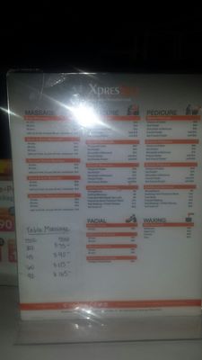 Price Sheet. Excuse the glare.