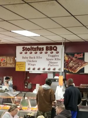 Stoltzfus BBQ. When you see the sign, you know you are in the correct section!