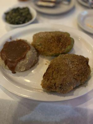 Stuffed mirlitons, mashed potatoes & gravy and creamed spinach.