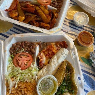 Combo dinner (1) taco, (1) burrito, (1) enchilada with rice and beans.  your choice of meat; chicken, steak, marinated pork, carnitas, chori