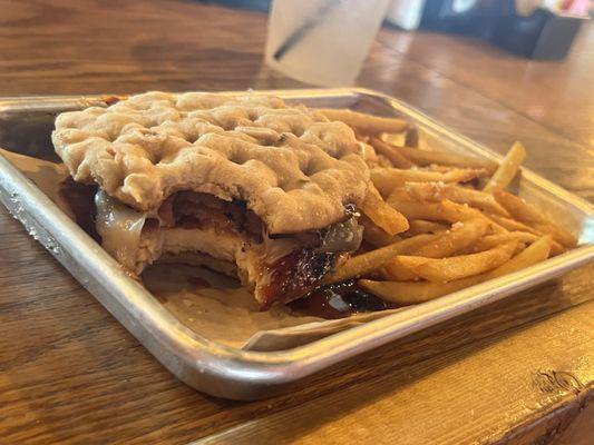 Sticky chicken waffle sandwich