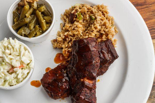 Boneless and Smoked Country Style Ribs are available everyday (Tues-Sat) and come with boudin or jambalaya and two sides.