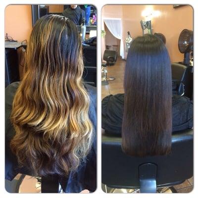 Before & after cut, color & Brazilian blow out by Shirley