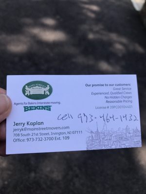 The supervisor Jerry's card for Main Street Movers.