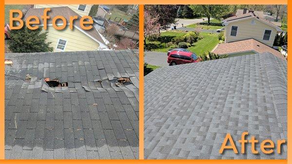 Repair of a home roof after a tree crashed in during a storm