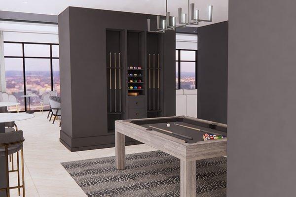 Indoor/ outdoor Sky Lounge with billiards and lounge seating