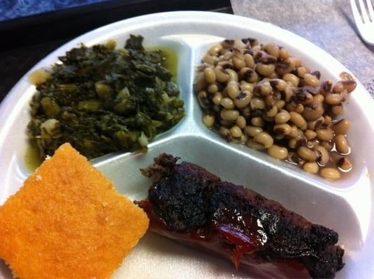 meatloaf, greens , peas and cornbread