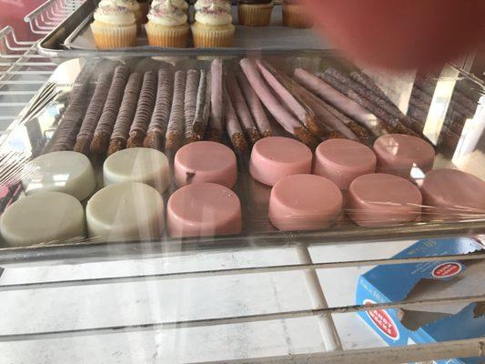 Chocolate covered Oreos and pretzels