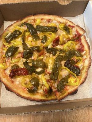 Fried pepper, banana pepper and onion pizza