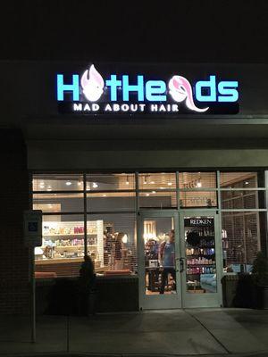 HotHeads sign at night. Bright and easy to find.