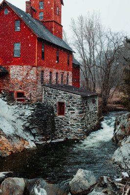 The Old Red Mill on a cold snowy day