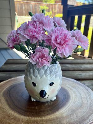 Cute hedgehog cup with mini carnations, all from Walmart