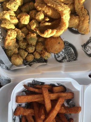 Catfish, okra, corn nuggets, sweet potato fries, hush puppy