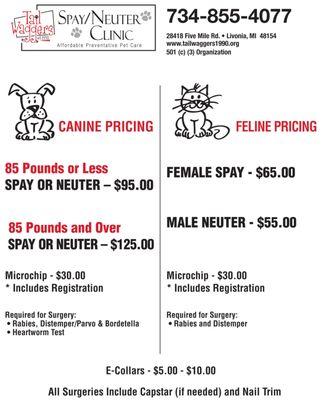 Our Spay/Neuter prices and services.