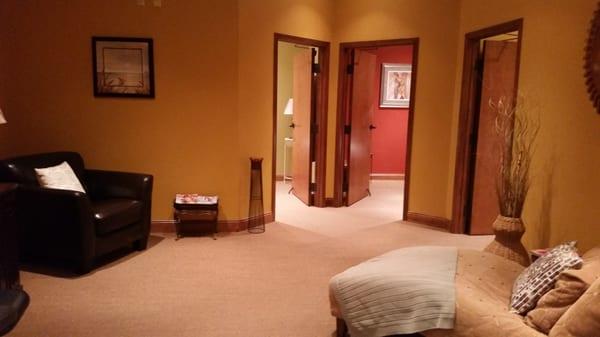 Spa area featuring 2 massage rooms, facial room, spray tan room, and waxing room