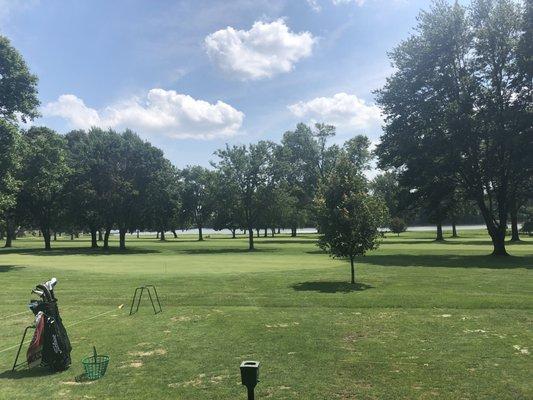 View of the adjacent fairway (11). Clean cut, plush, with decent rough. Mature trees lining fairway.