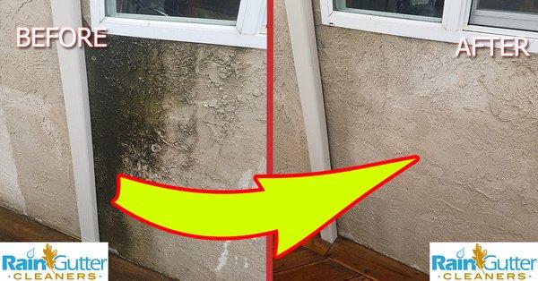 High Pressure Washing a Rain Gutter and wall, Before and After Picture