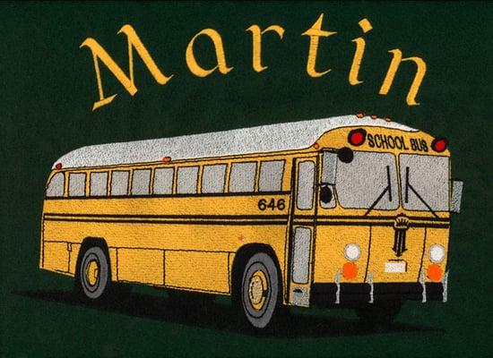 Crown School Bus Actual Size: 274.0 mm W x 216.2 mm H Stitch Count: 85,468 10 Colors used, and 50 Color Changes Location: Jacket Back