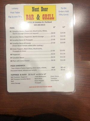 Pizza menu