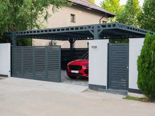 Horizontal Slat Gates. Metal Gates. Pergola.