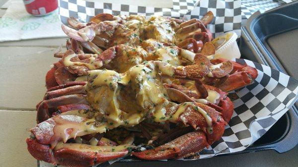 6 garlic blue crabs, large portion of seafood rice underneath crabs