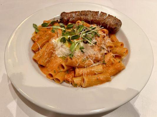 Pasta with vodka and a side of Italian sausage.  Delicious!