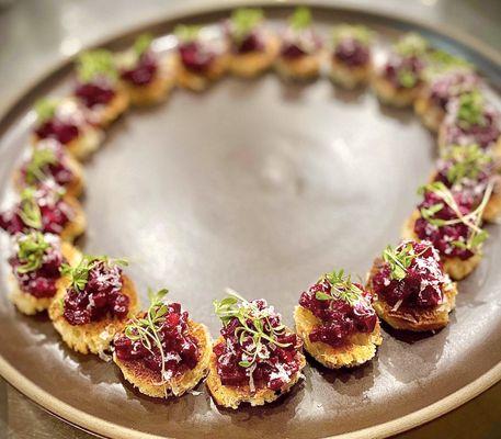 beet tartare, crispy wild mushrooms, Castelvetrano olives, lemon, merula olive oil, toasted focaccia