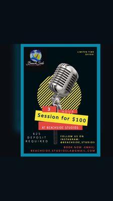 Book 3 hours for $100 with Professional sound engineer, discounted rate!!!   Regular rate: $40/Hour-with Professional sounds engineering