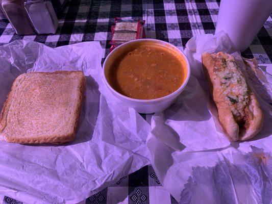 A Danville, Virginia classic.  Brunswick stew, grilled cheese with mayo and a beef dog.  Complete with chili and slaw.