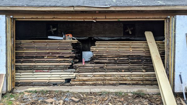 Drying kiln. Over the 2.5 months to dry, 50% of the weight of the wood is taken out. 10,000 lbs of water.