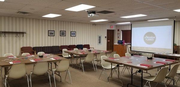 Jane Greene Room upstairs is open for meetings. Tables, chairs, and audio/visual equipment are available.