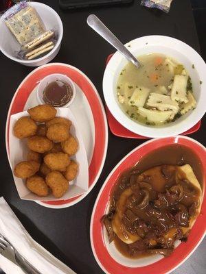 The full spread: boova shankel, soup and corn fritters.  Server fast and fresh!