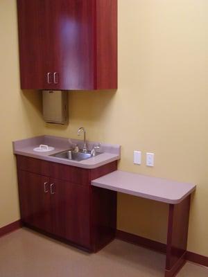 Laminate exam room cabinets and counter tops.