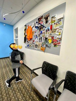 Cool sports memorabilia wall in the waiting area