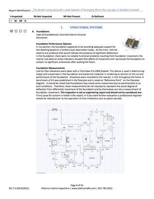 Sample inspection report page with foundation elevation measurements