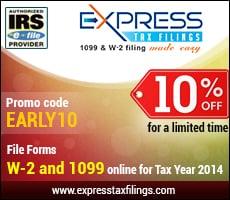 ExpressTaxFilings Promo code ad banner to File IRS Forms 1099 & W-2 with IRS/SSA.

Use the PROMO Code and get 10% discount