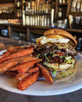 Smash burger and sweet potato fries