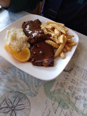 Meatloaf, fries and mashed potatoes for potato freaks.