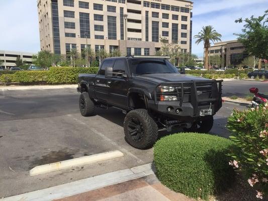 11 inch lifted Chevy Silverado with a stock engine and stock tranny but will be eat anyone out there in a race!!!