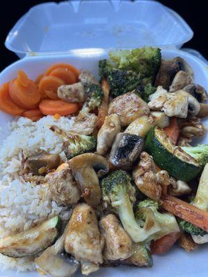 Teriyaki chicken with added mixed vegetables.